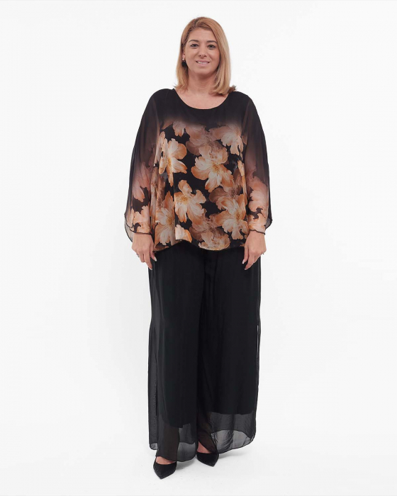Bluză maro vaporoasă stil kimono cu imprimeu floral [4]
