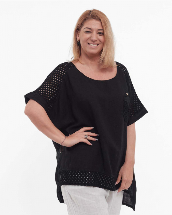 Bluză neagră din in, tunică lejeră stil smart casual [3]