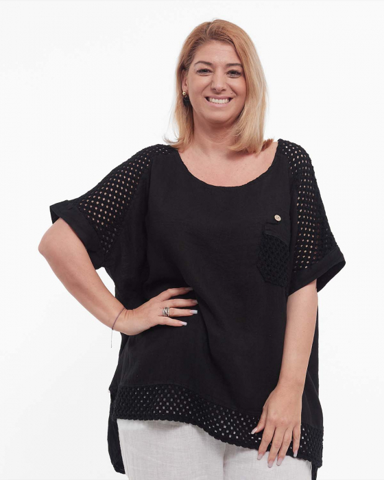 Bluză neagră din in, tunică lejeră stil smart casual [1]