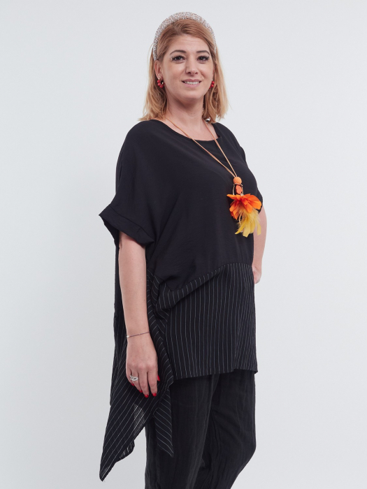Bluză neagră elegantă asimetrică cu dungi verticale, croială lejeră și stil urban [2]