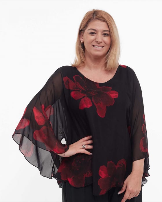Bluză neagră elegantă stil kimono cu imprimeu floral din vâscoză [1]