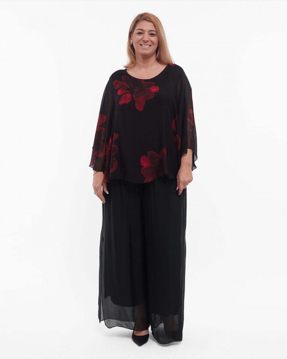 Bluză neagră elegantă stil kimono cu imprimeu floral din vâscoză [4]