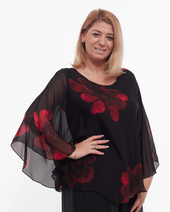 Bluză neagră elegantă stil kimono cu imprimeu floral din vâscoză [3]