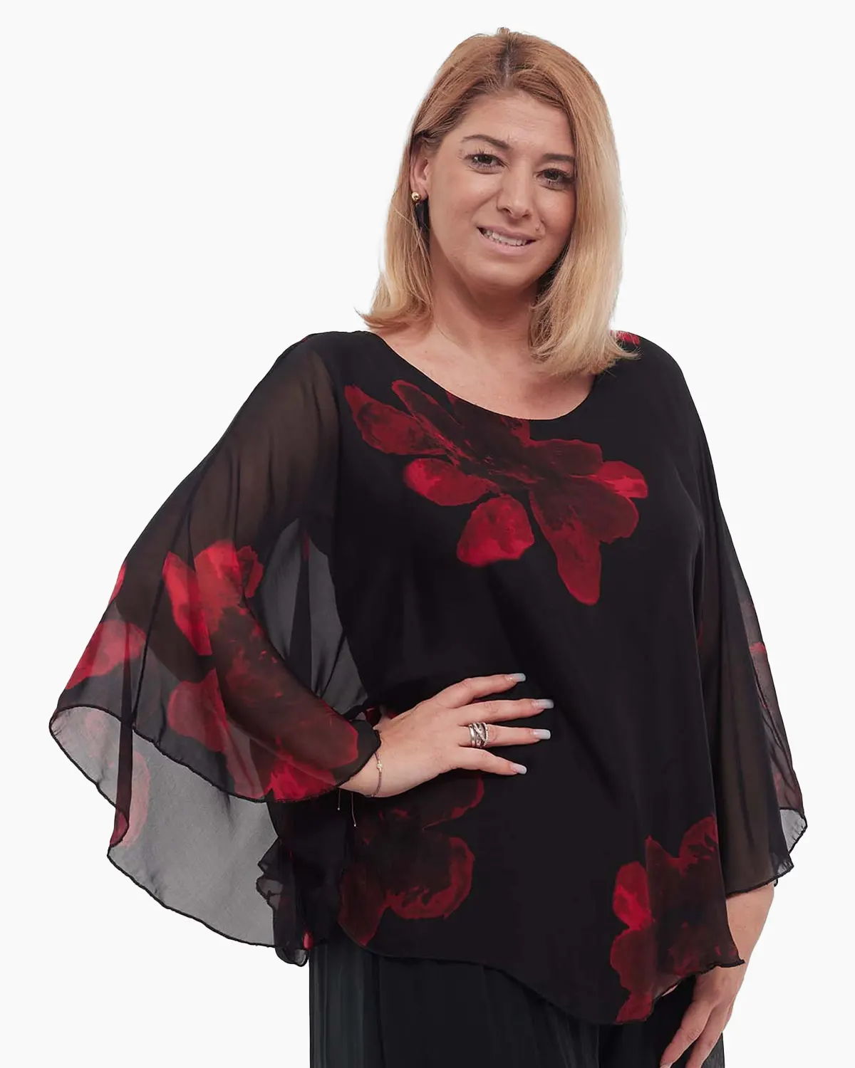 Bluză neagră elegantă stil kimono cu imprimeu floral din vâscoză [3]