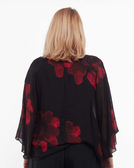 Bluză neagră elegantă stil kimono cu imprimeu floral din vâscoză [2]