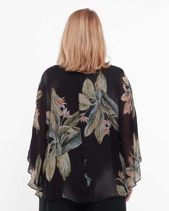 Bluză neagră romantică din vâscoză stil kimono cu imprimeu floral [2]