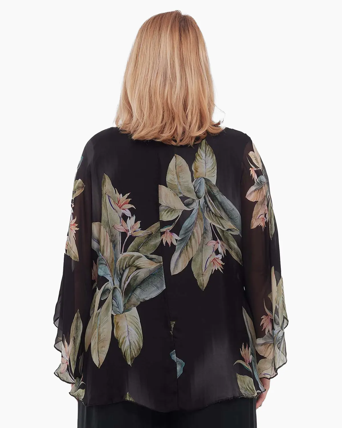 Bluză neagră romantică din vâscoză stil kimono cu imprimeu floral [2]