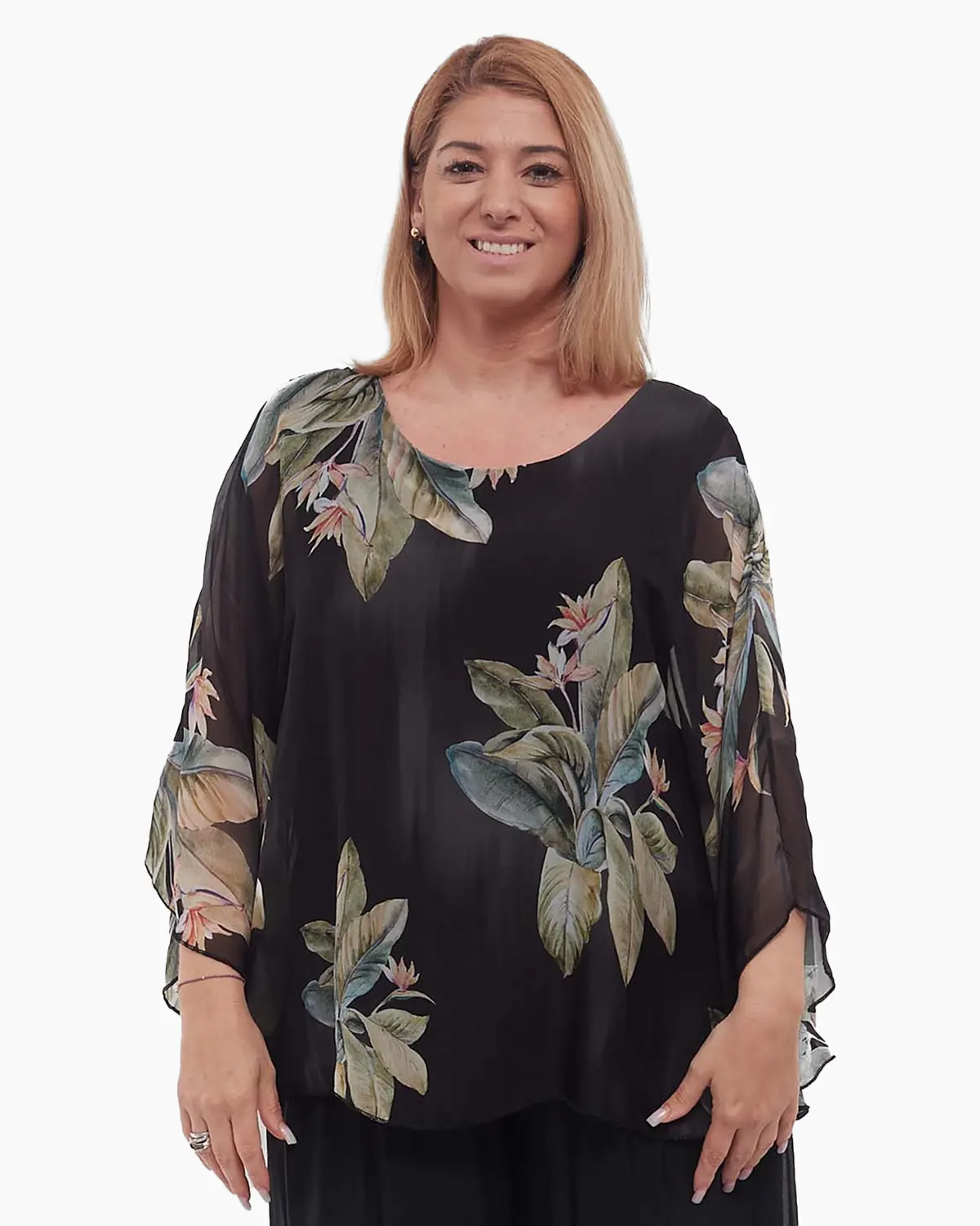 Bluză neagră romantică din vâscoză stil kimono cu imprimeu floral [1]