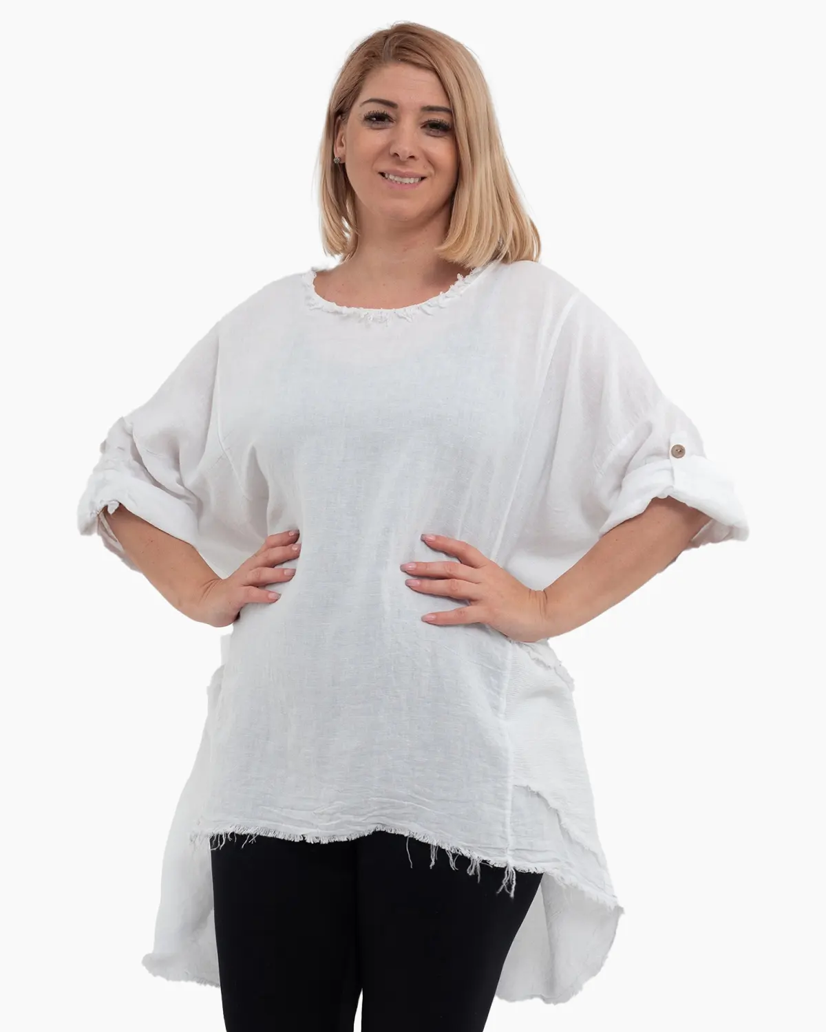 Bluză oversize albă asimetrică din in cu franjuri și buzunare [1]