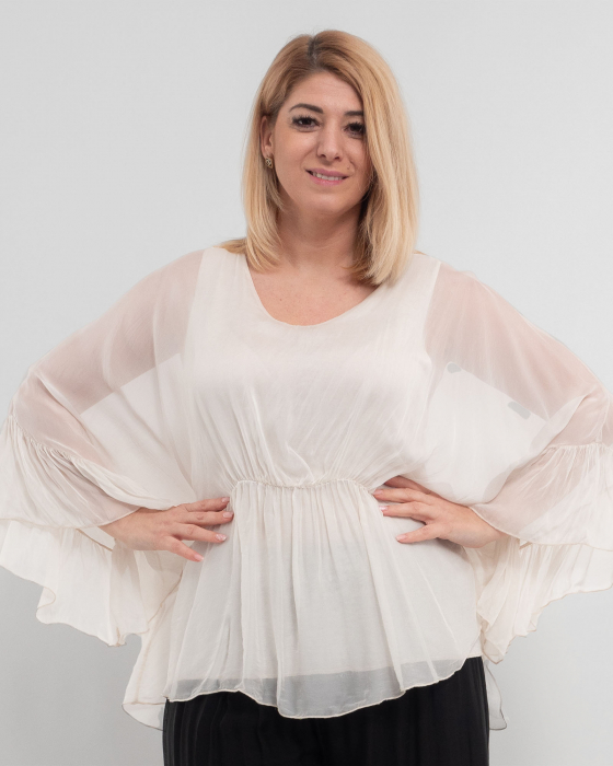Bluza oversize crem din matase cu detalii feminine stransa sub bust [1]