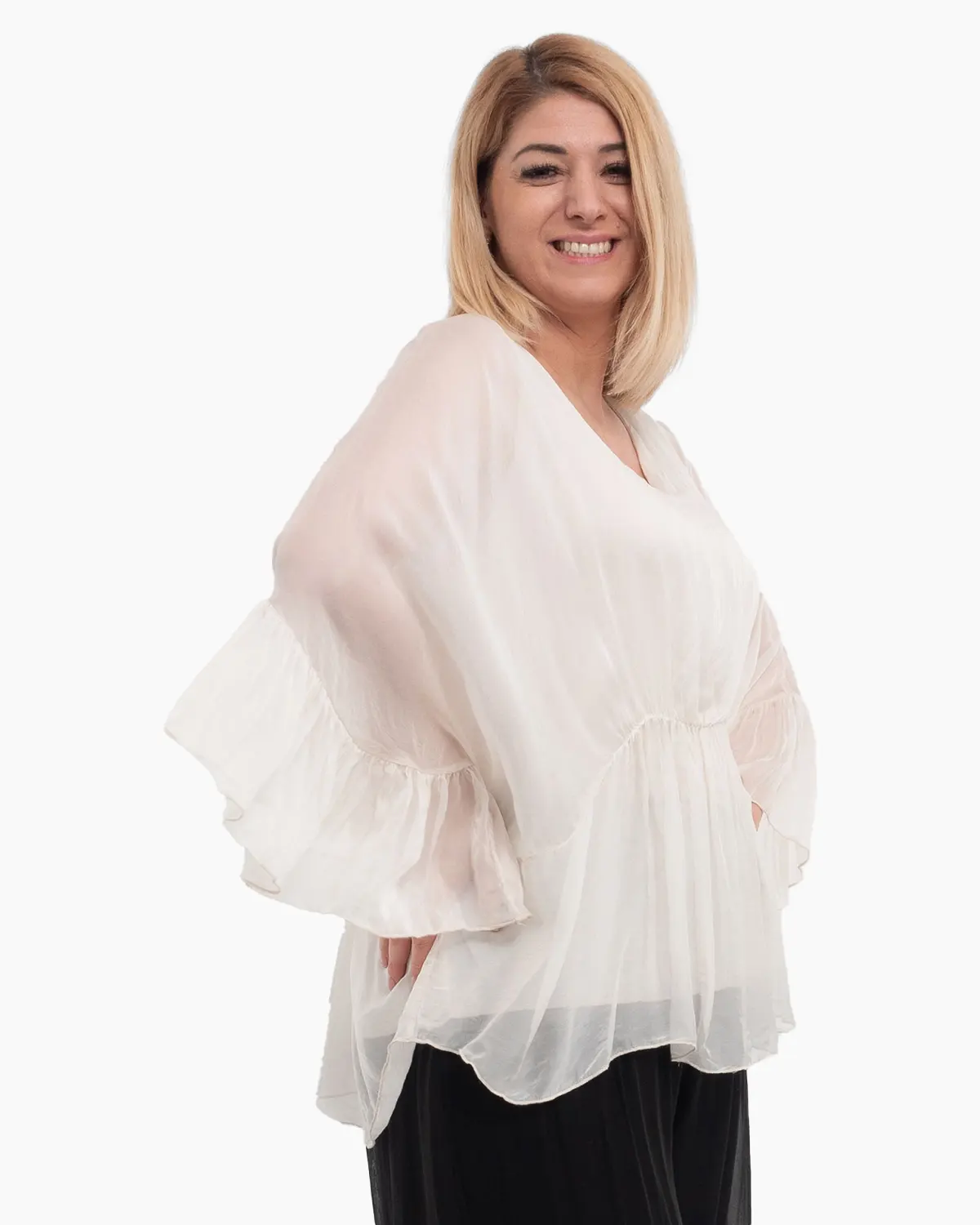 Bluza oversize crem din matase cu detalii feminine stransa sub bust [4]