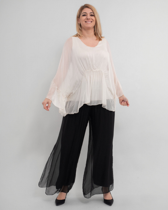 Bluza oversize crem din matase cu detalii feminine stransa sub bust [3]