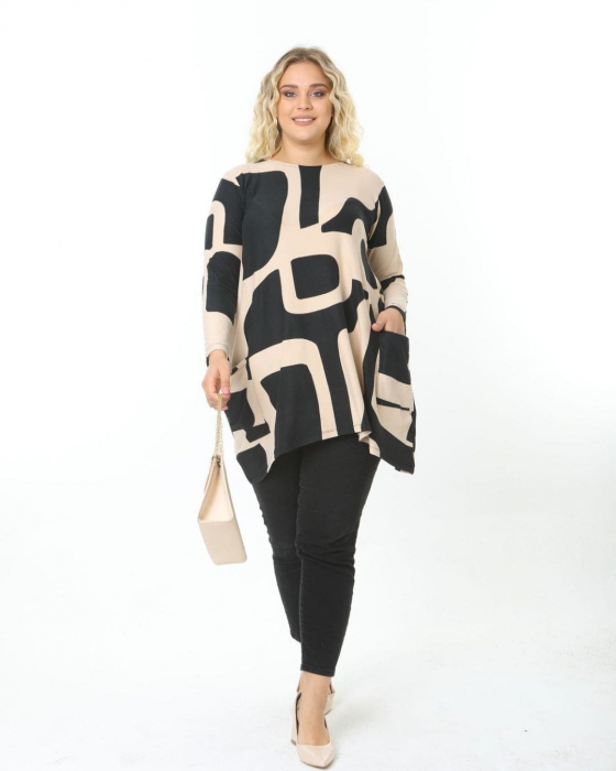 Bluza oversize cu imprimeu geometric bej cu negru [2]