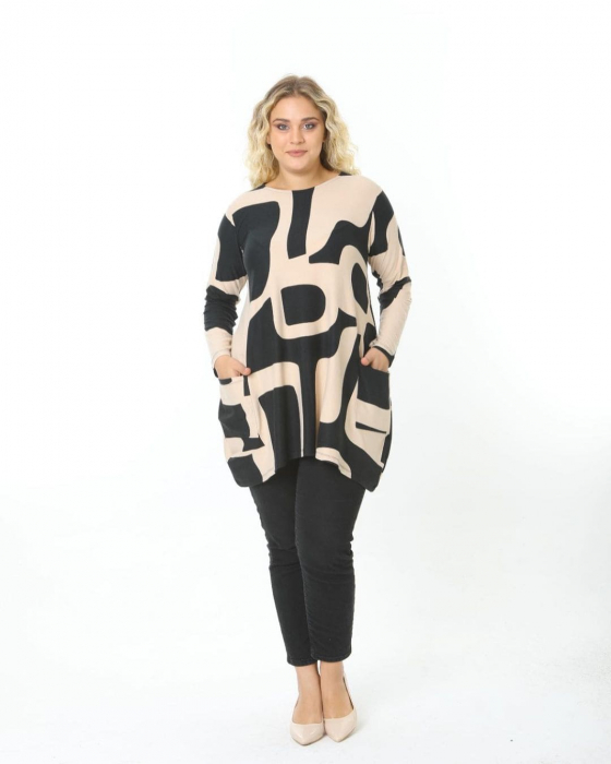 Bluza oversize cu imprimeu geometric bej cu negru [3]