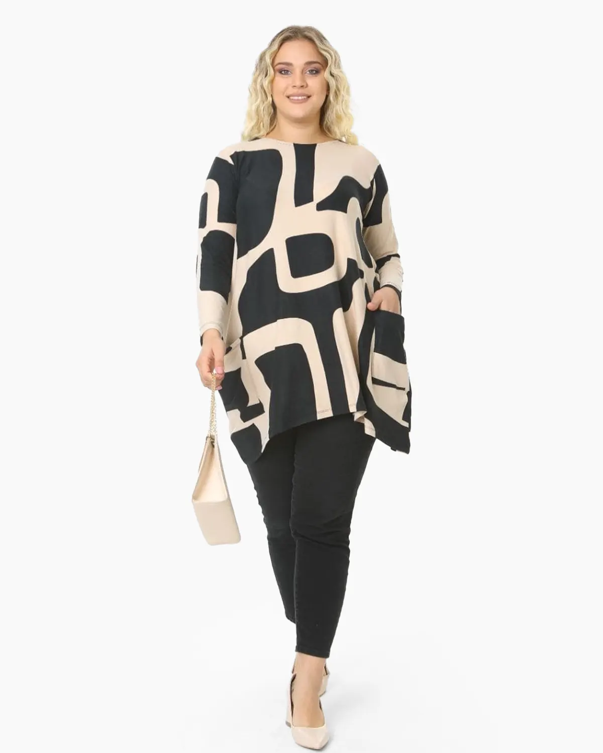 Bluza oversize cu imprimeu geometric bej cu negru [2]