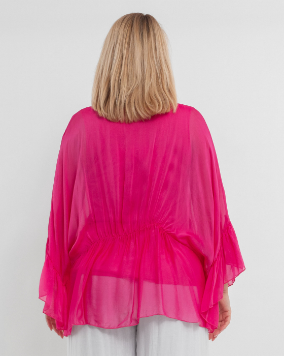 Bluza oversize roz din matase cu detalii feminine stransa sub bust [2]