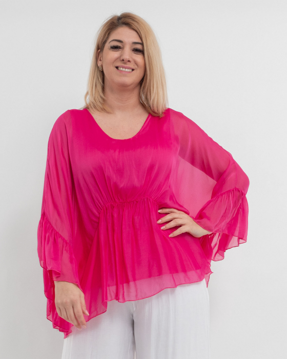 Bluza oversize roz din matase cu detalii feminine stransa sub bust [1]