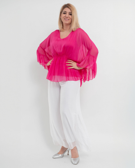 Bluza oversize roz din matase cu detalii feminine stransa sub bust [3]