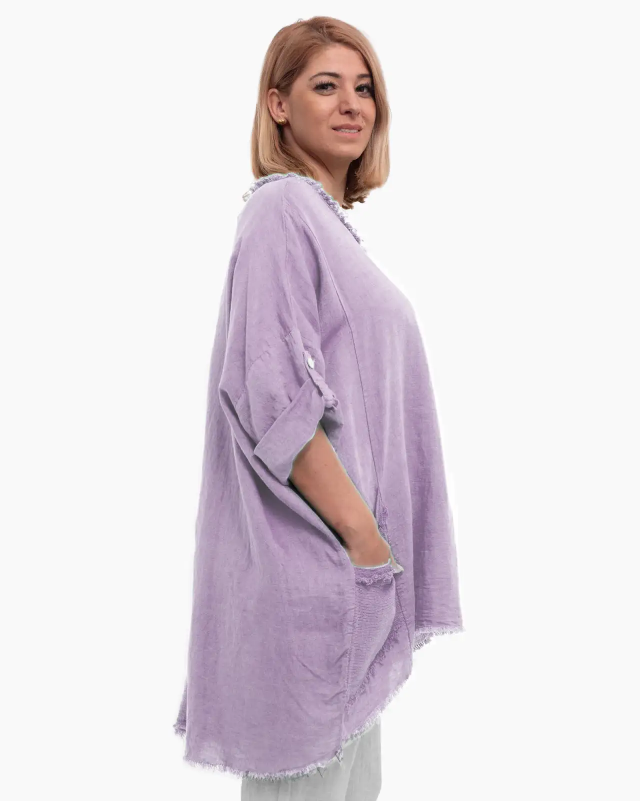 Bluză oversize lila asimetrică din in cu franjuri și buzunare [4]