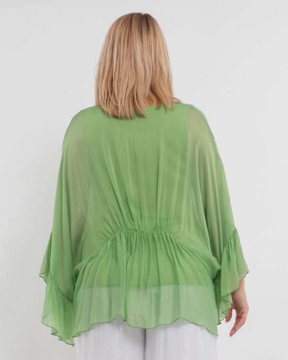 Bluza oversize verde din matase cu detalii feminine stransa sub bust [2]