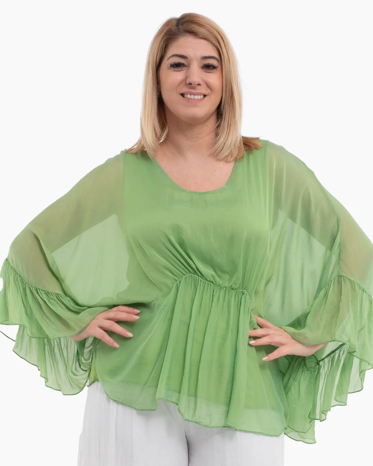 Bluza oversize verde din matase cu detalii feminine stransa sub bust [1]