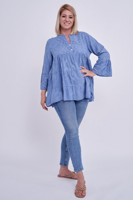 Bluza oversized brodata din bumbac, albastra [2]