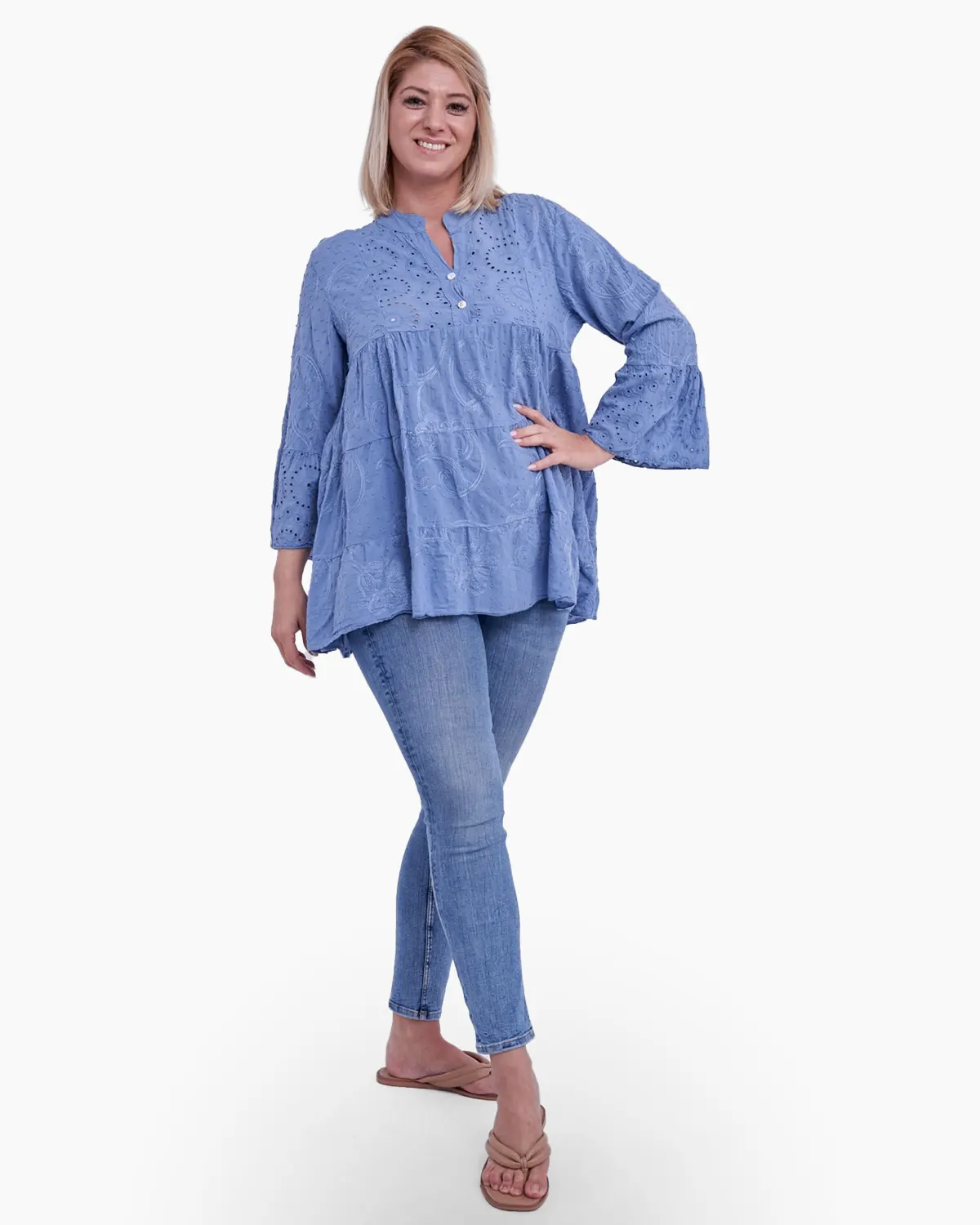 Bluza oversized brodata din bumbac, albastra [2]