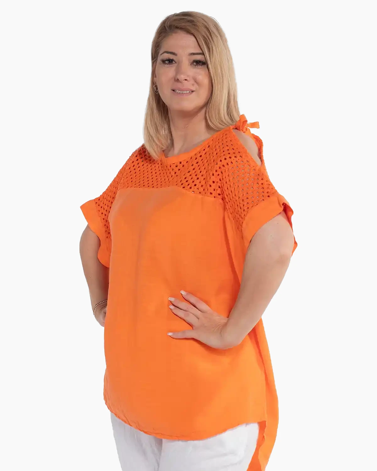 Bluză portocalie din in cu design asimetric și mâneci kimono ample [4]