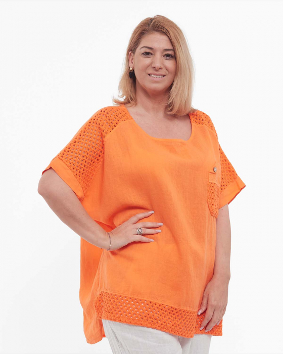 Bluză portocalie din in, tunică vaporoasă stil smart casual [3]
