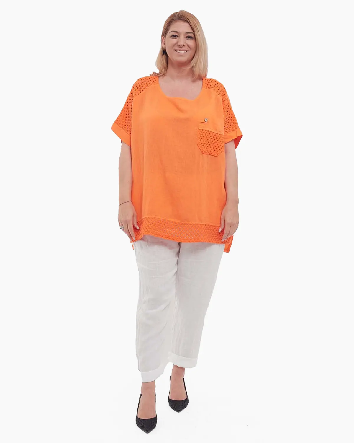 Bluză portocalie din in, tunică vaporoasă stil smart casual [4]