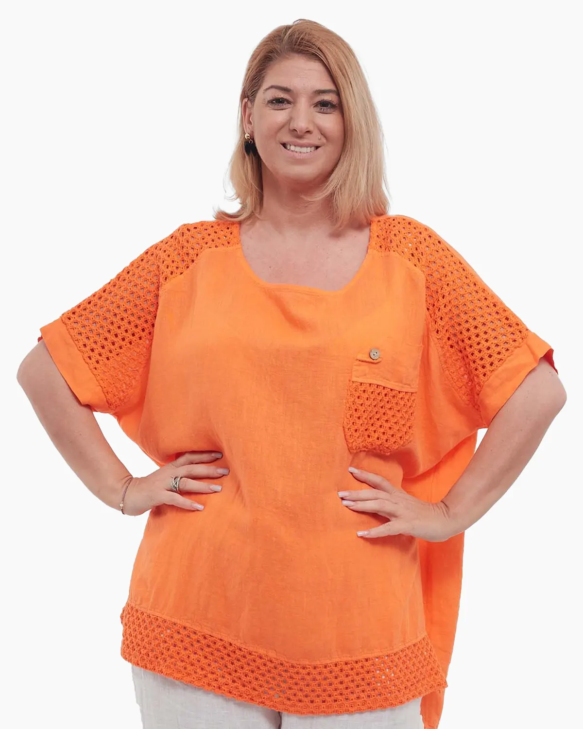 Bluză portocalie din in, tunică vaporoasă stil smart casual [1]