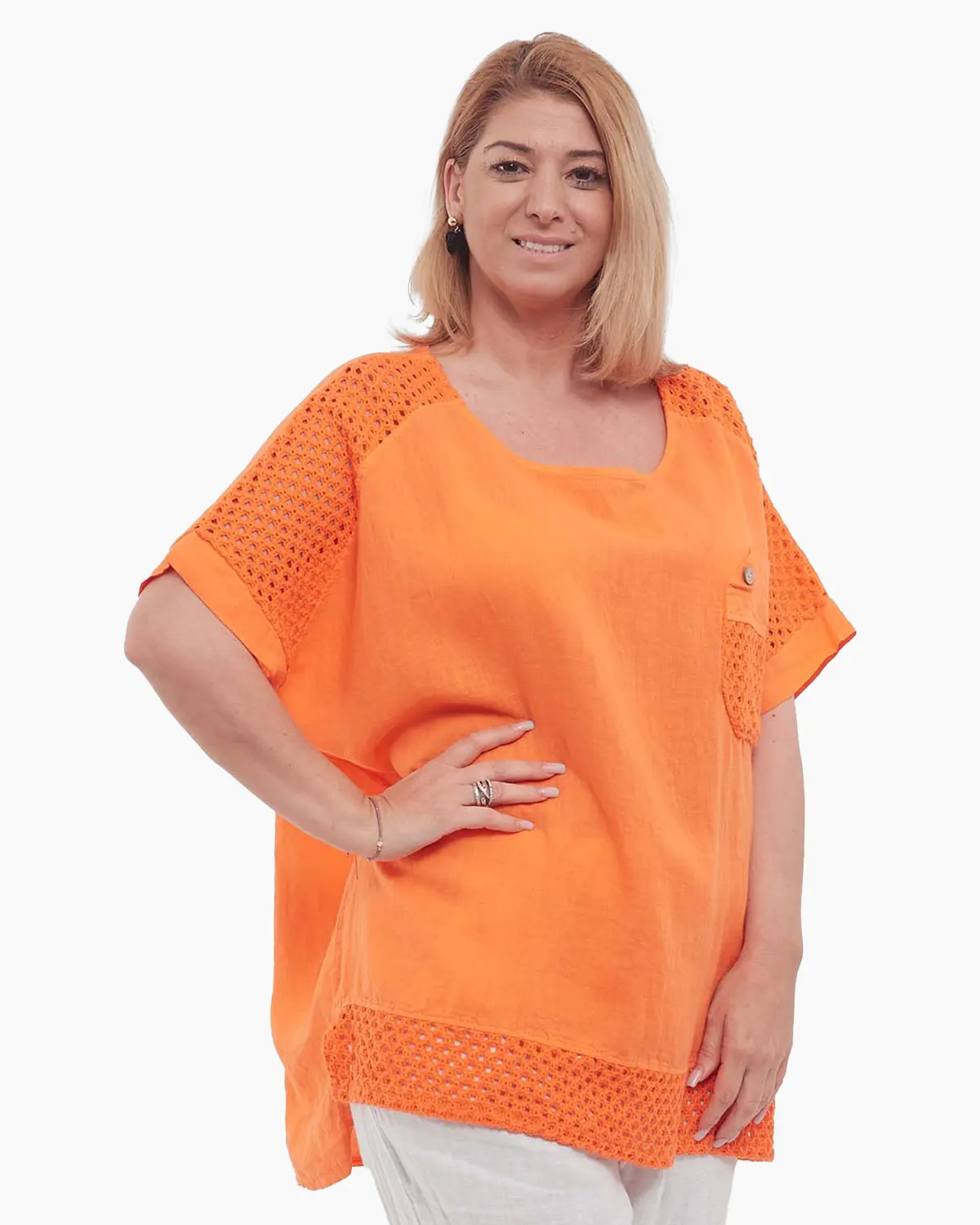 Bluză portocalie din in, tunică vaporoasă stil smart casual [3]