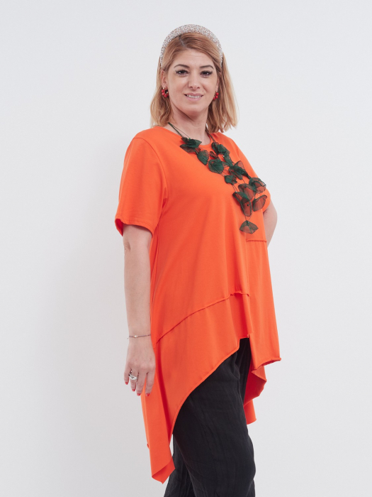Bluză portocalie lungă asimetrică cu dungi fine, croială lejeră și stil modern elegant [3]