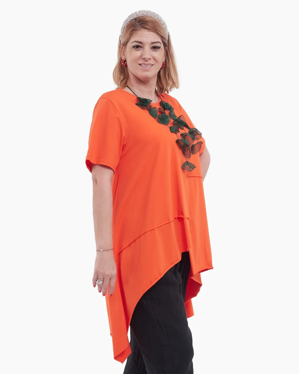 Bluză portocalie lungă asimetrică cu dungi fine, croială lejeră și stil modern elegant [3]