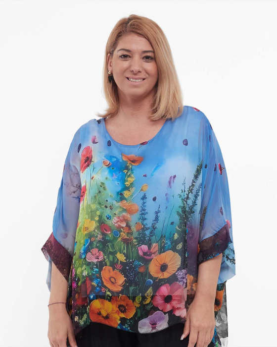 Bluză romantică bleu din mătase cu imprimeu floral rafinat [3]