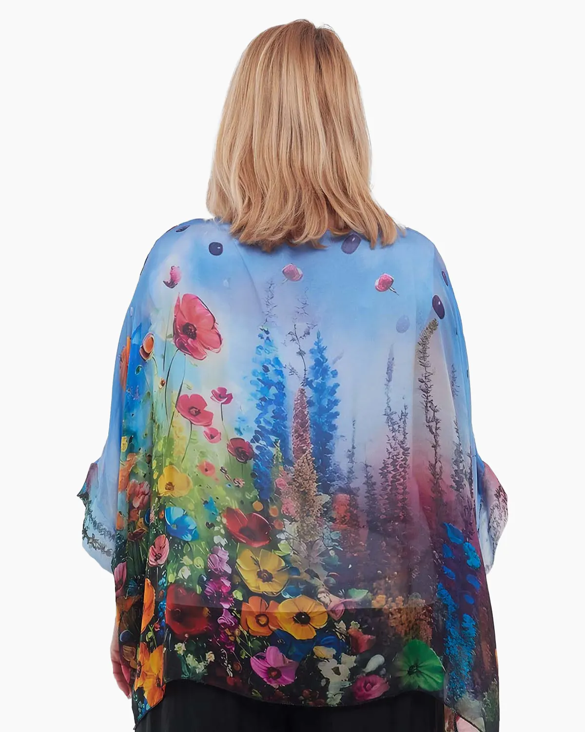 Bluză romantică bleu din mătase cu imprimeu floral rafinat [2]