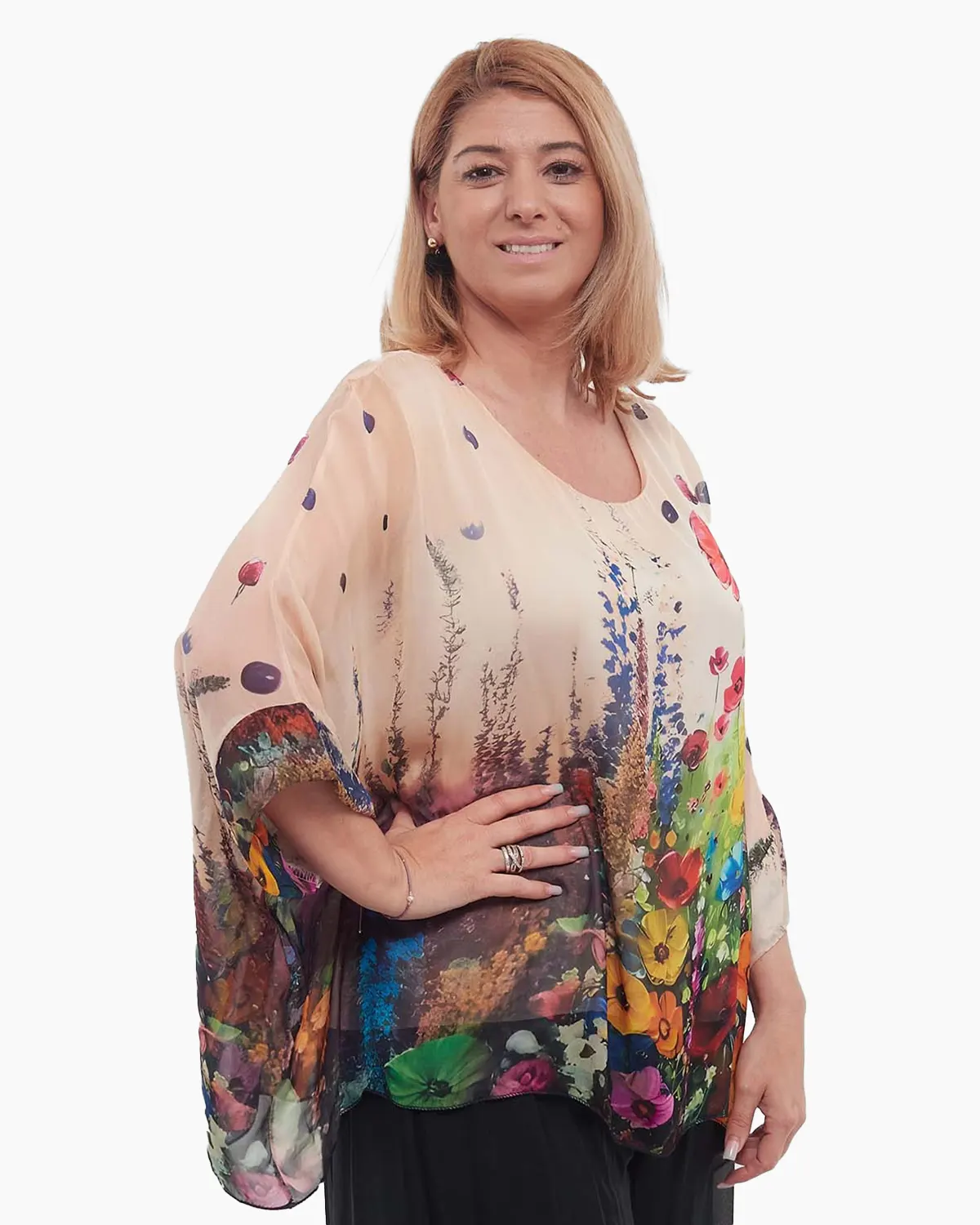Bluză romantică crem din mătase cu imprimeu floral și mâneci dolman [3]