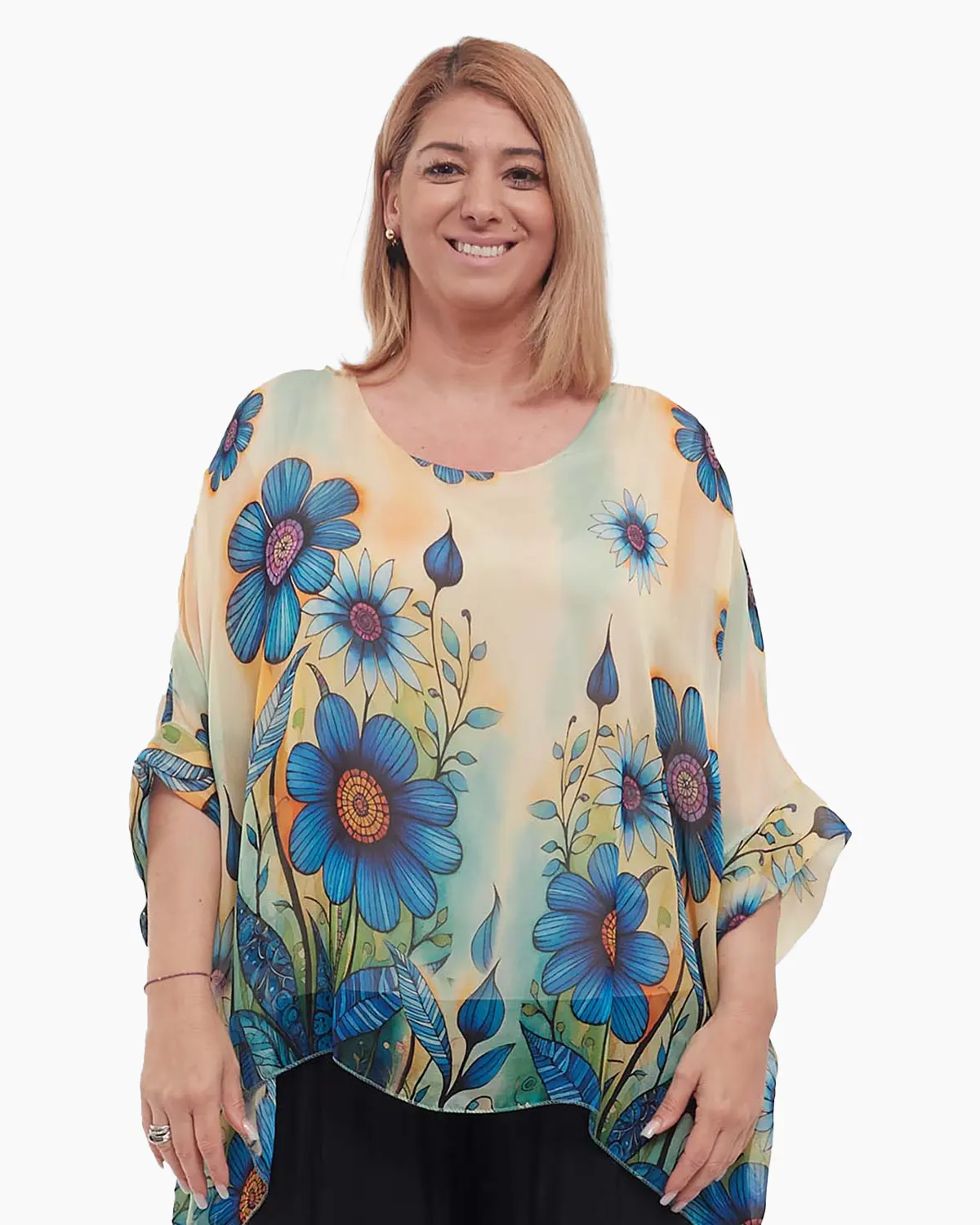 Bluză romantică crem din mătase cu imprimeu floral și mâneci dolman [1]