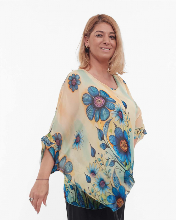 Bluză romantică crem din mătase cu imprimeu floral și mâneci dolman [3]