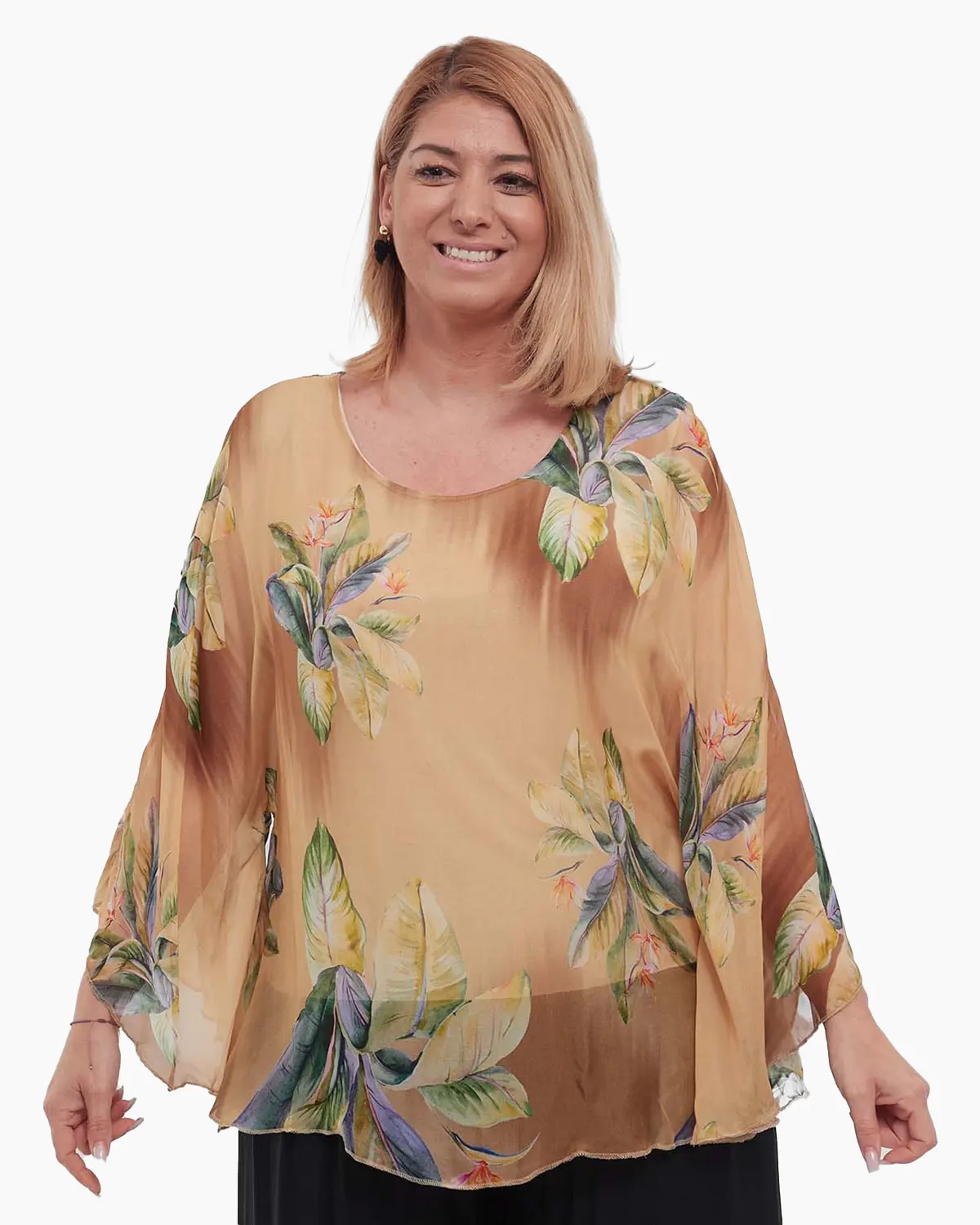 Bluză romantică maro din vâscoză cu imprimeu floral și mâneci kimono [1]