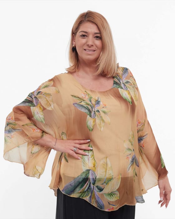 Bluză romantică maro din vâscoză cu imprimeu floral și mâneci kimono [3]