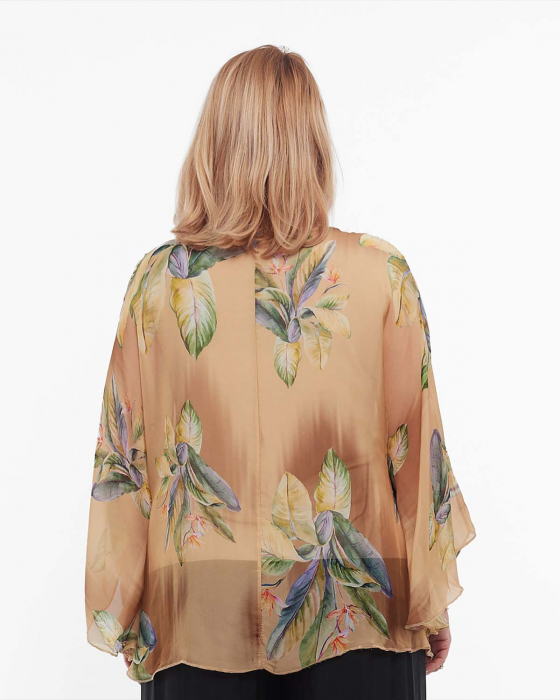 Bluză romantică maro din vâscoză cu imprimeu floral și mâneci kimono [2]