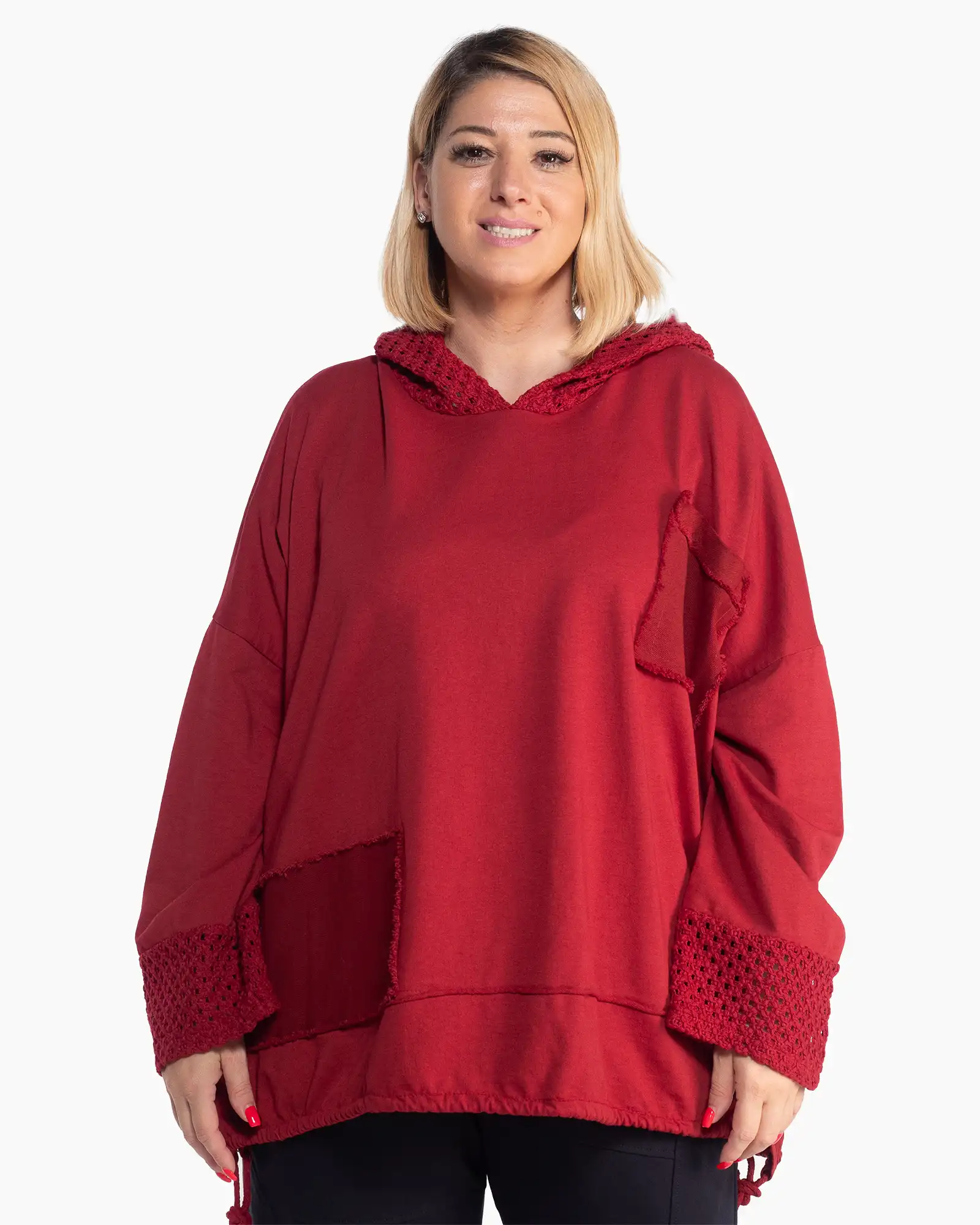 Bluză roșie lejeră cu glugă și inserții delicate din plasă [1]