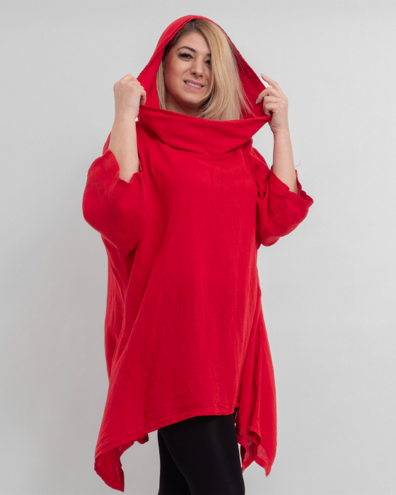 Bluza rosu din in cu gluga si croi lejer pentru eleganta casual [4]