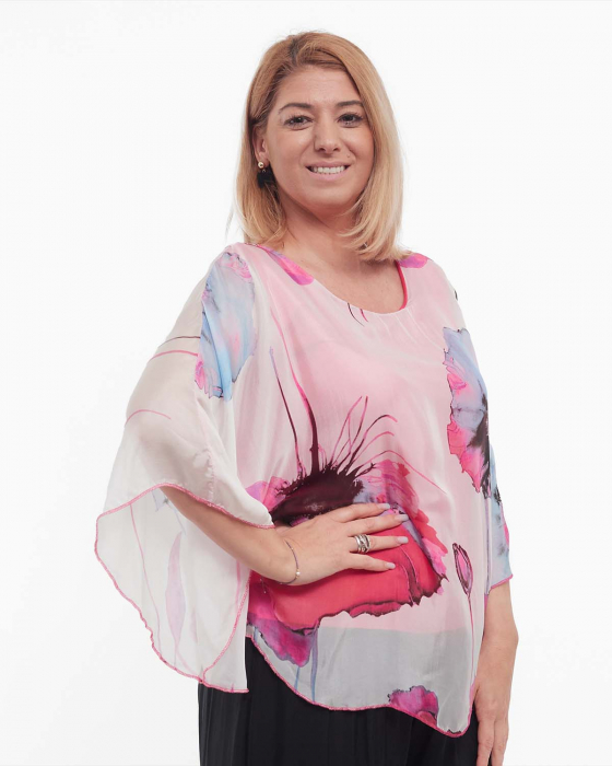 Bluză roz stil kimono elegantă din vâscoză cu imprimeu floral [3]