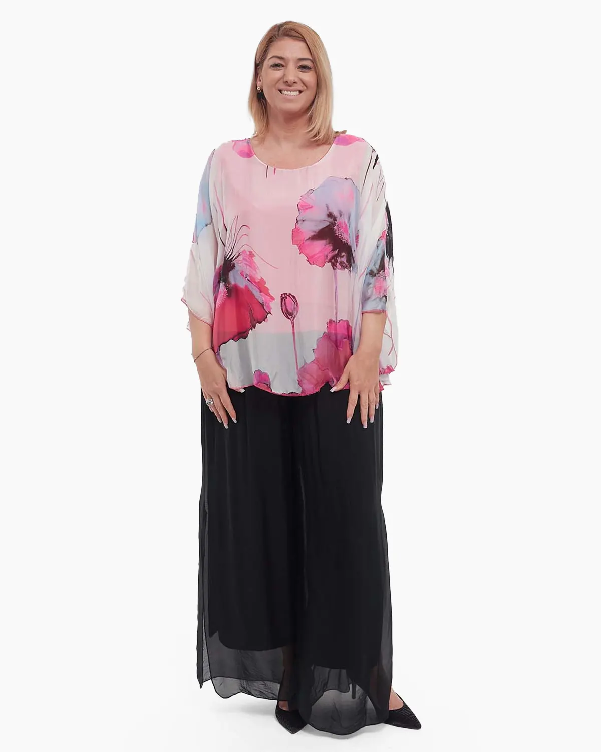 Bluză roz stil kimono elegantă din vâscoză cu imprimeu floral [4]
