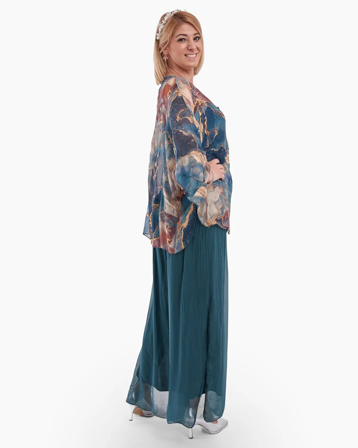 Bluza tip camasa, eleganta, din matase si vascoza cu nasturei si imprimeu bleu cu violet [2]