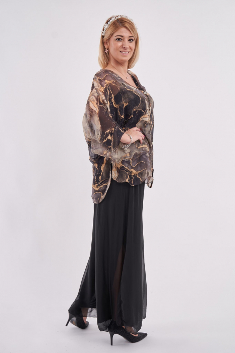 Bluza tip camasa,eleganta, din matase si vascoza cu nasturei si imprimeu negru si bej [2]