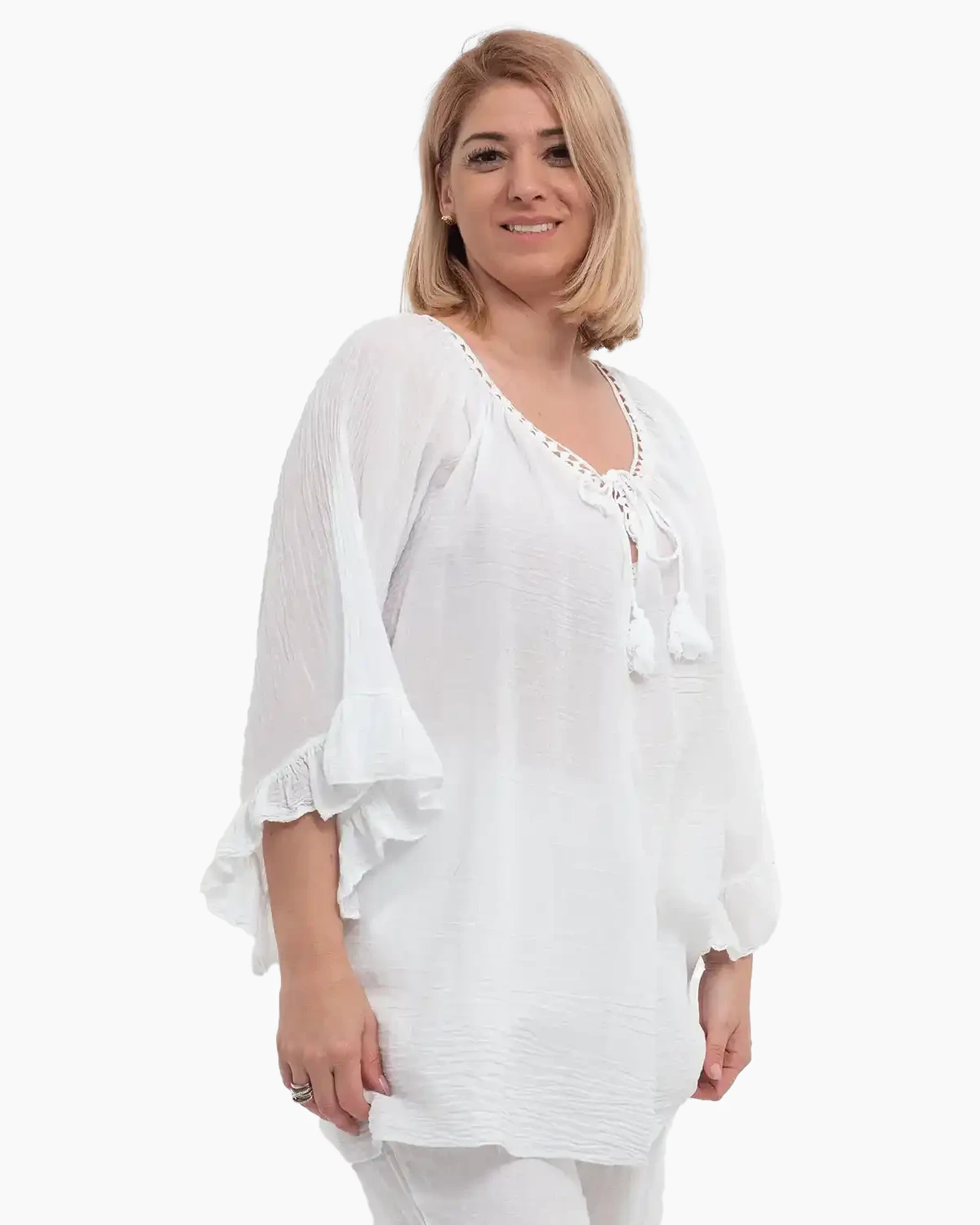 Bluză tip ie albă oversize cu ciucuri și volane [4]