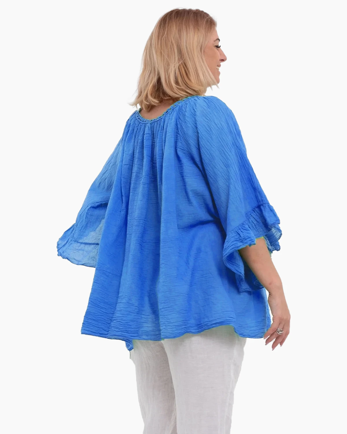 Bluză tip ie albastră oversize cu ciucuri și volane [3]